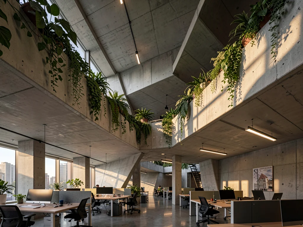Brutalist concrete coworking space interior with double-height ceilings, plants 