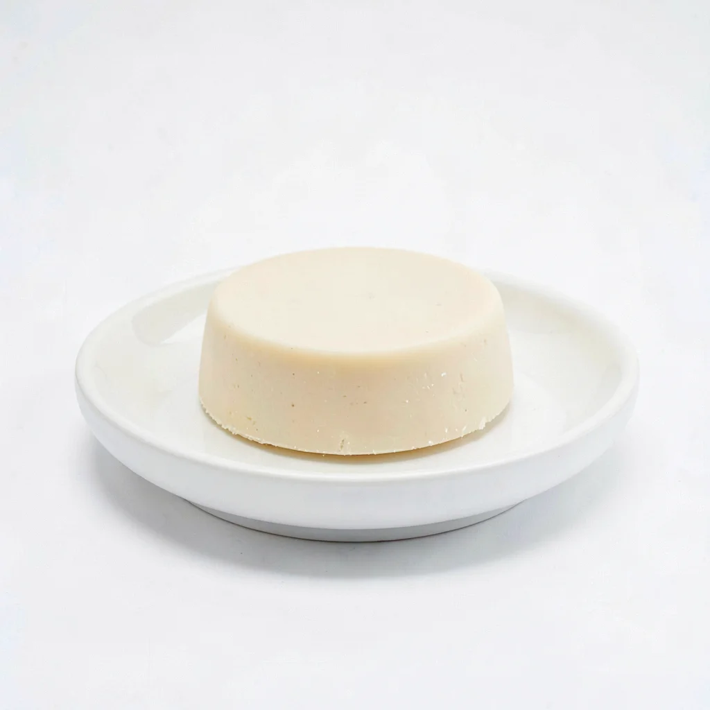 Minimal composition of a shave soap puck on a porcelain dish under even top ligh