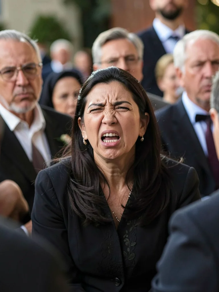 Woman mid-sneeze at a funeral, her face caught in that involuntary grimace while