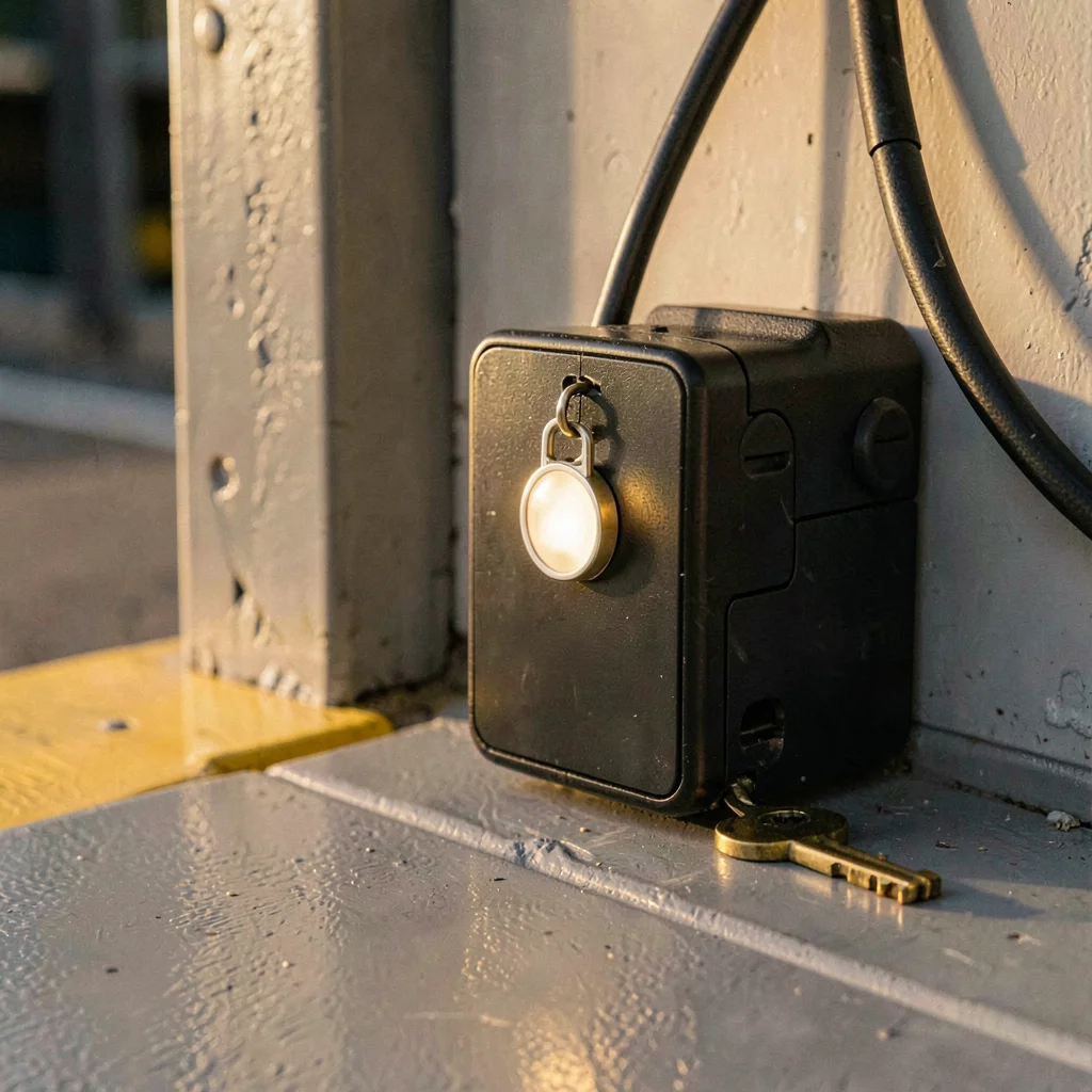 Warm corner of a charging dock with a tracker docked, soft pendant glow, brass k