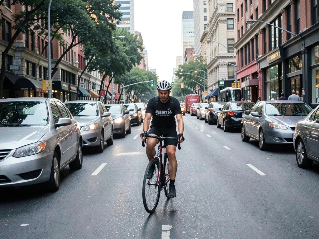 Cyclist through urban traffic