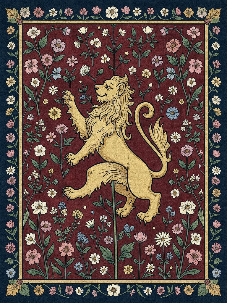 Heraldic Lion Rampant on Red Millefleur