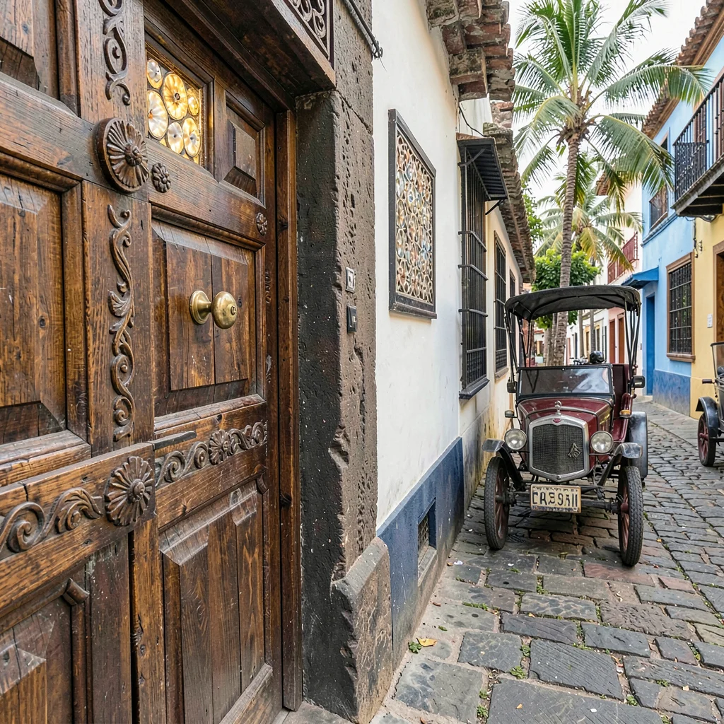 Vigan colonial heritage, Spanish-Filipino fusion, brass doorknob on carved woode