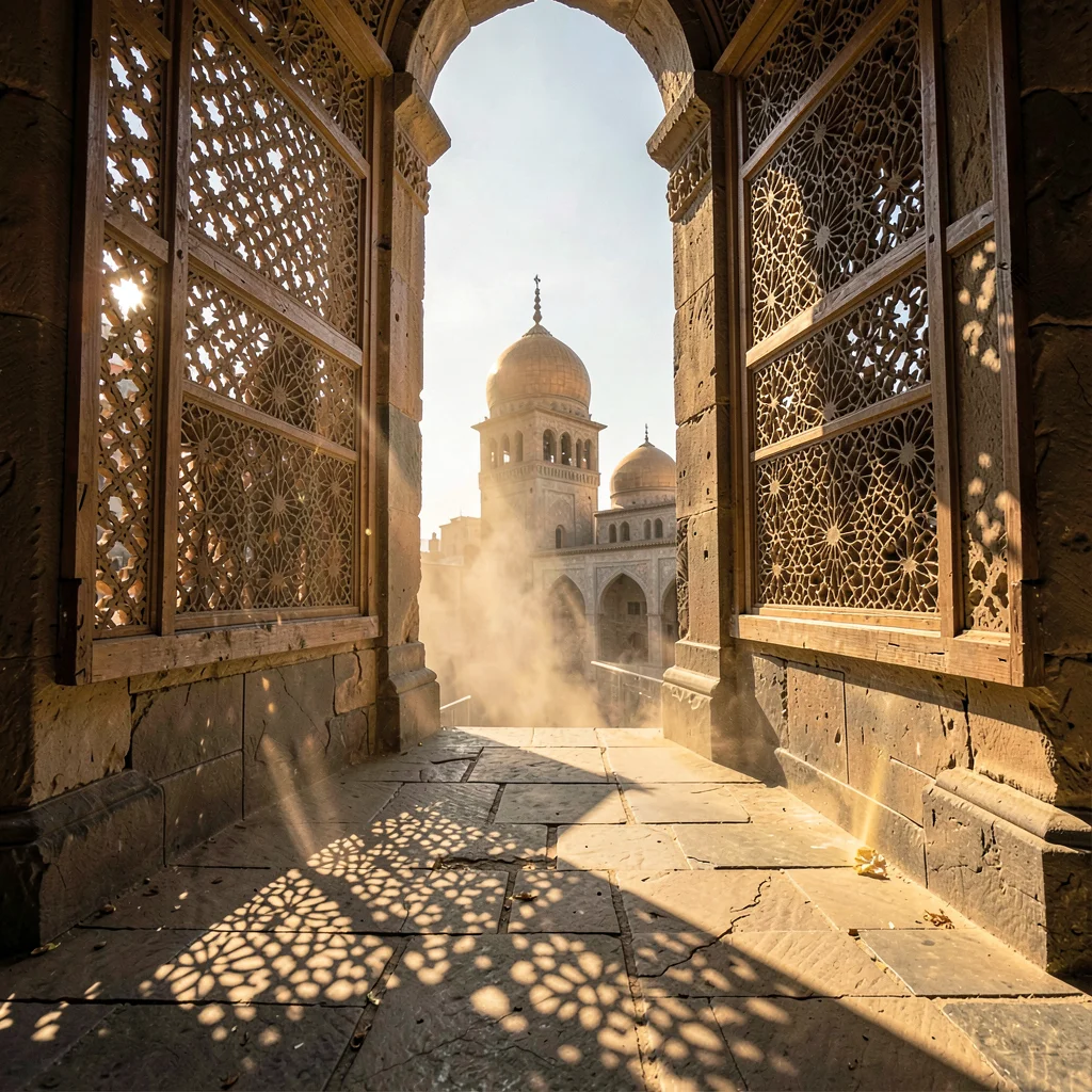 Islamic Cairo geometry, medieval city light, mashrabiya screen casting lace patt