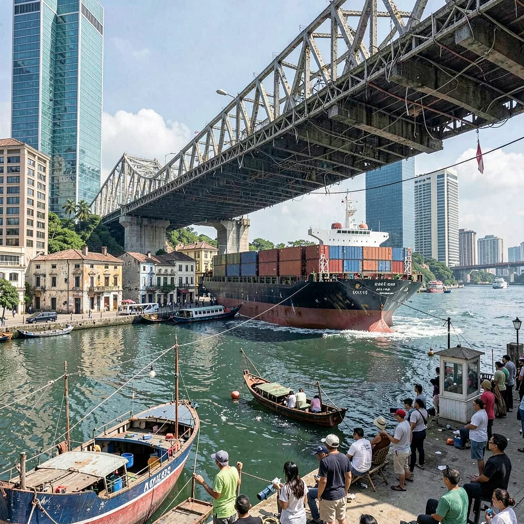 Casco Viejo restoration meeting modern Panama City, A container ship passing und