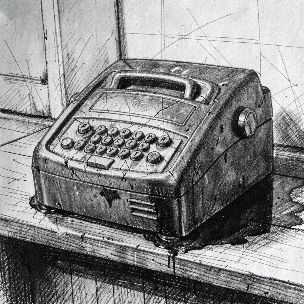 Charcoal drawing of a worn cash register on a wooden counter, deep blacks poolin