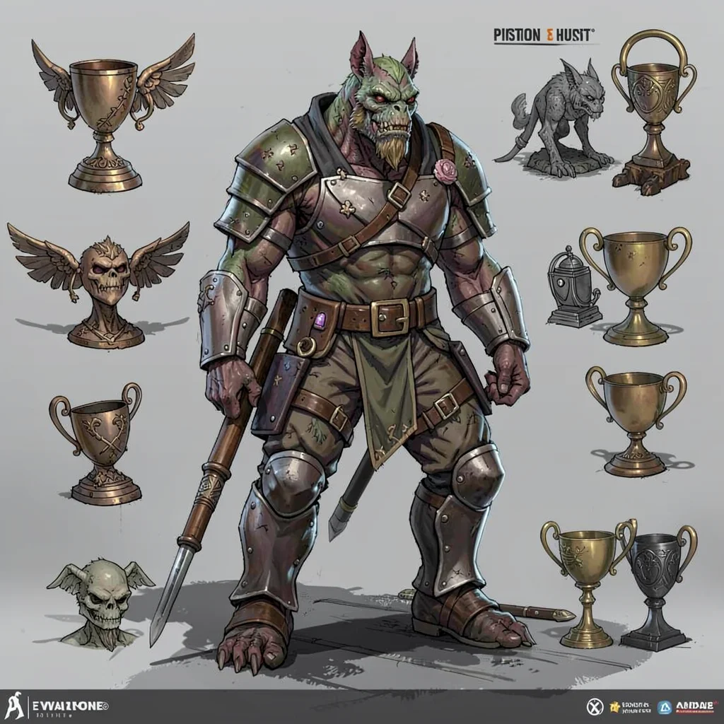 Video game concept art illustration, a monster hunter in specialized gear, troph