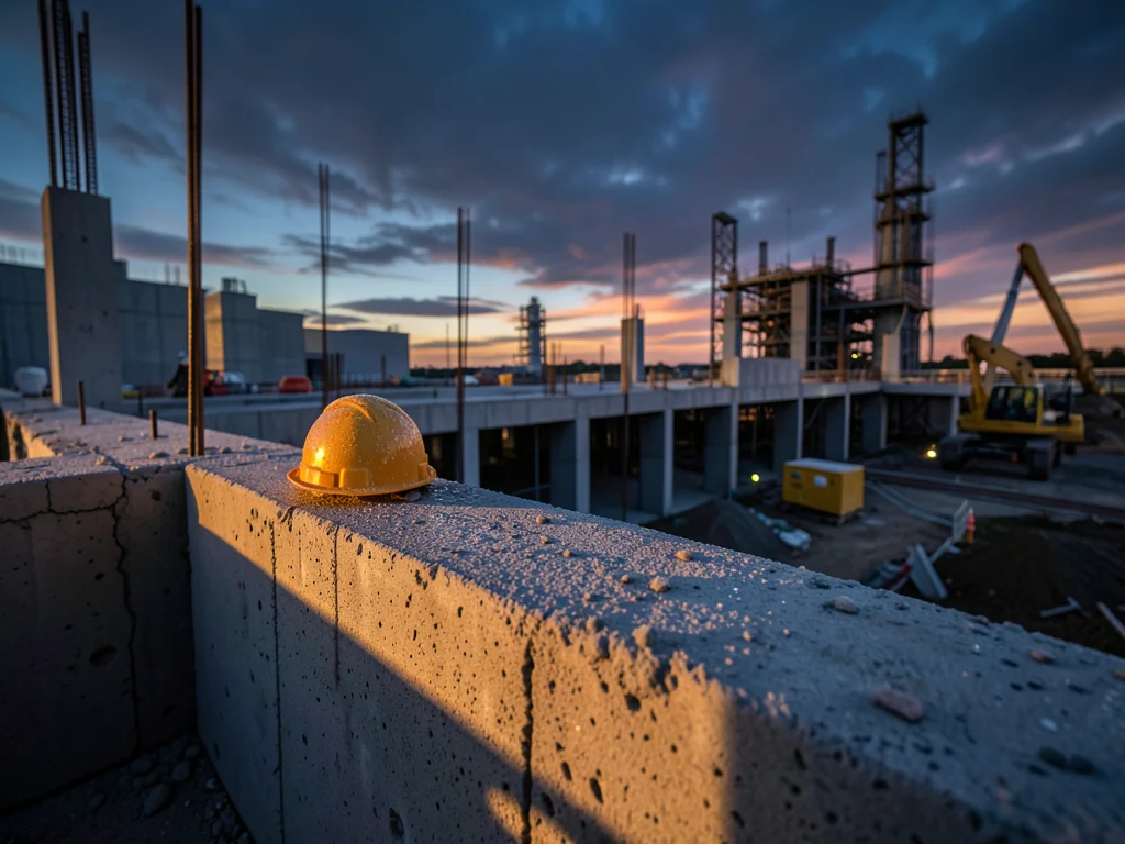 Morning light on a construction site: the raw concrete glowing warm, a hard hat 