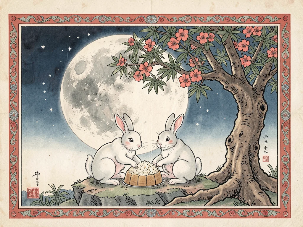 Pair of rabbits on the moon pounding rice cake beneath a cassia tree