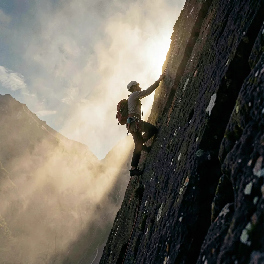 Atmospheric photo of a climber silhouetted mid-move on a steep wall, dust haze i