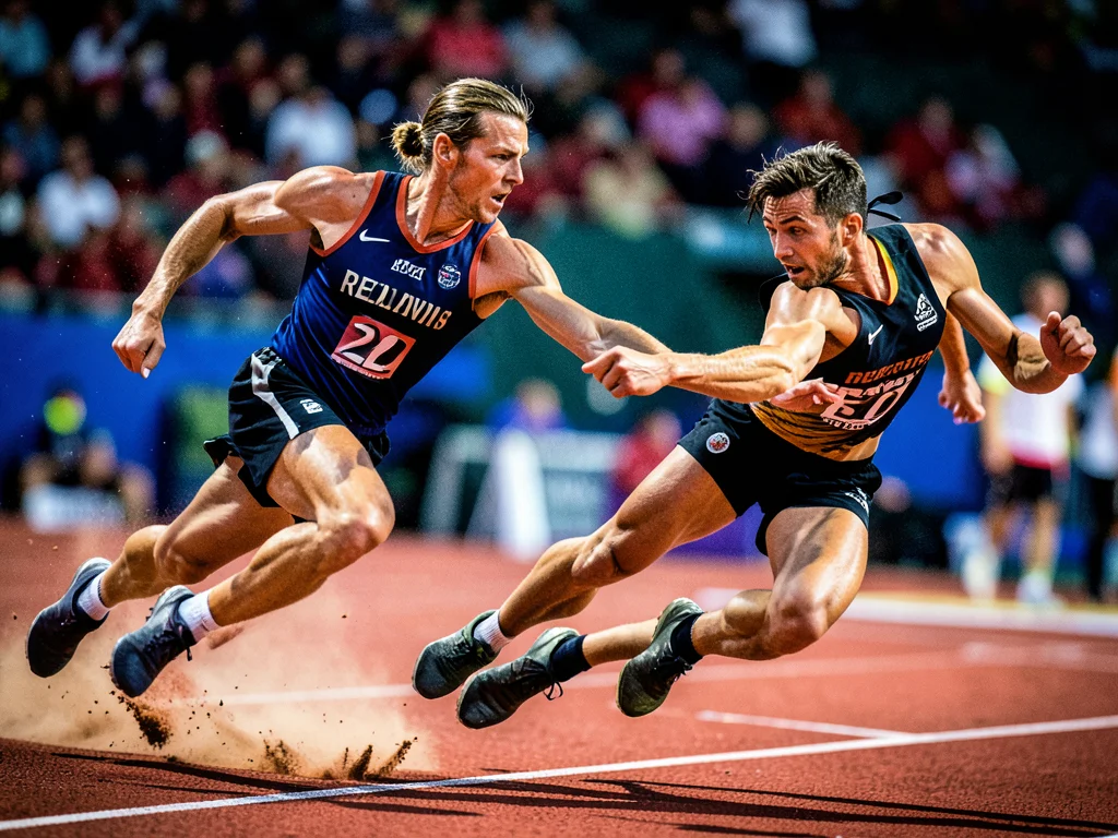 Relay runner reaching back to pass baton, teammate stretching forward, track and