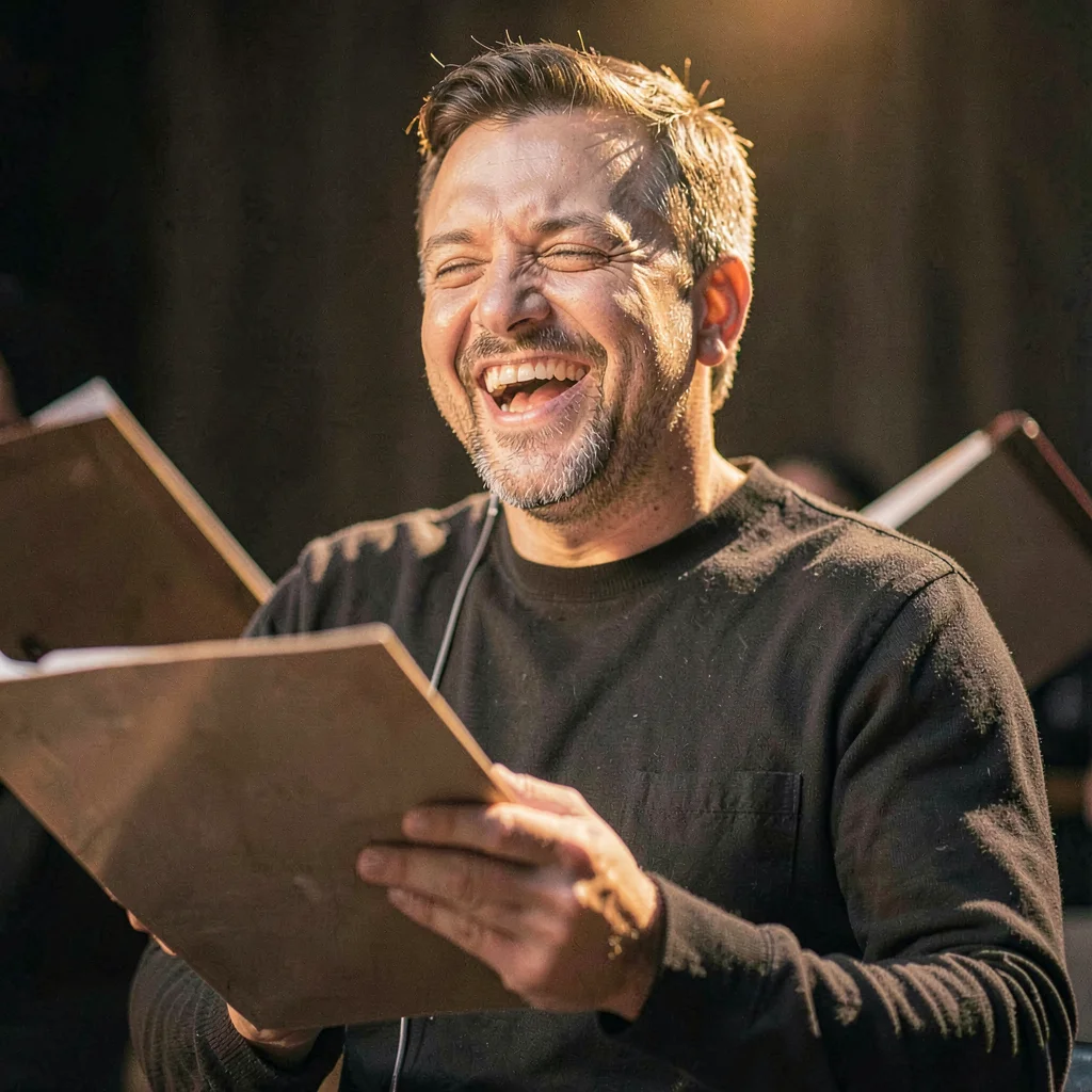 Portrait of a VO performer laughing mid-take, hand on script, soft fall-off