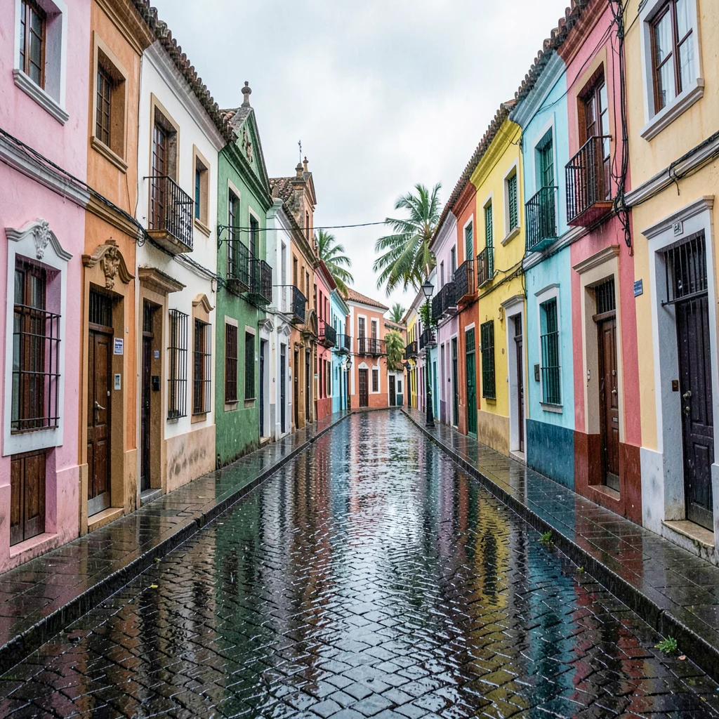 Salvador Pelourinho color, Bahian colonial saturation, A cobblestone street wet 