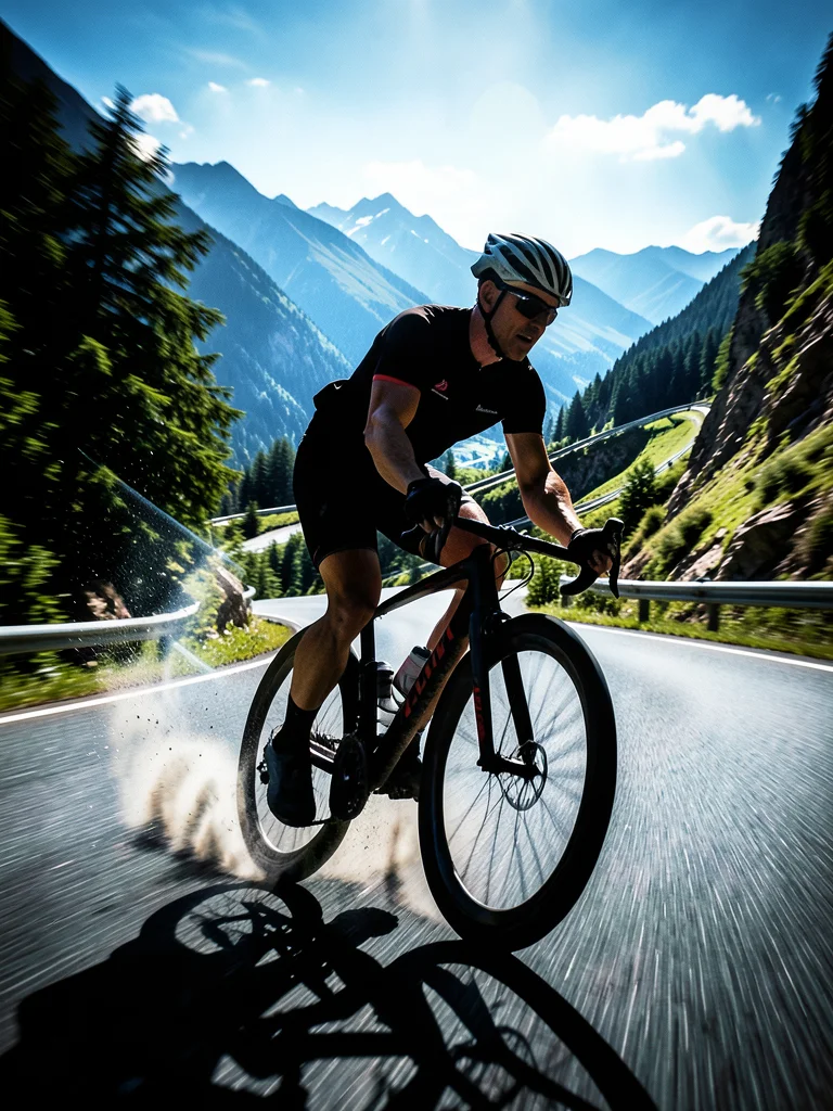 Cyclist silhouette filled with mountain switchback road, double exposure