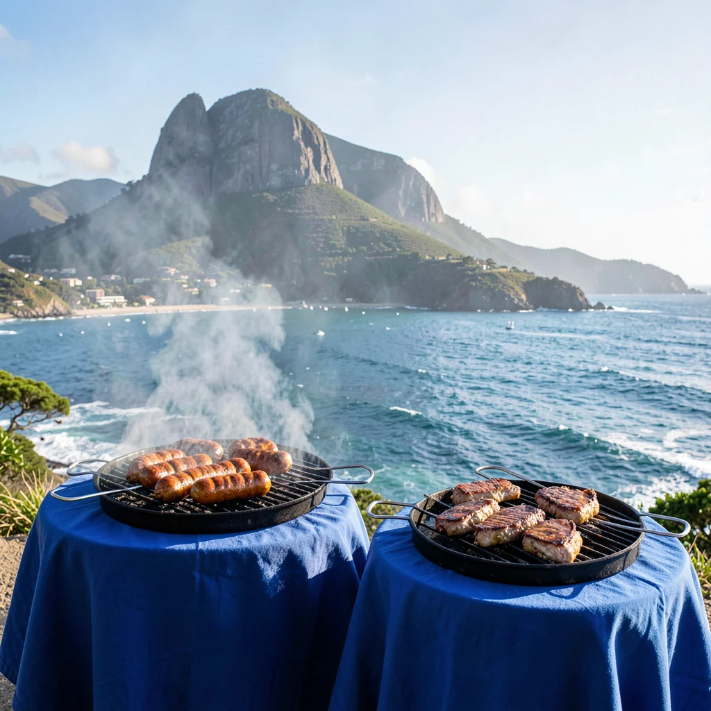 Cape Town mountain-sea duality, Table Mountain backdrop, braai grill with boerew