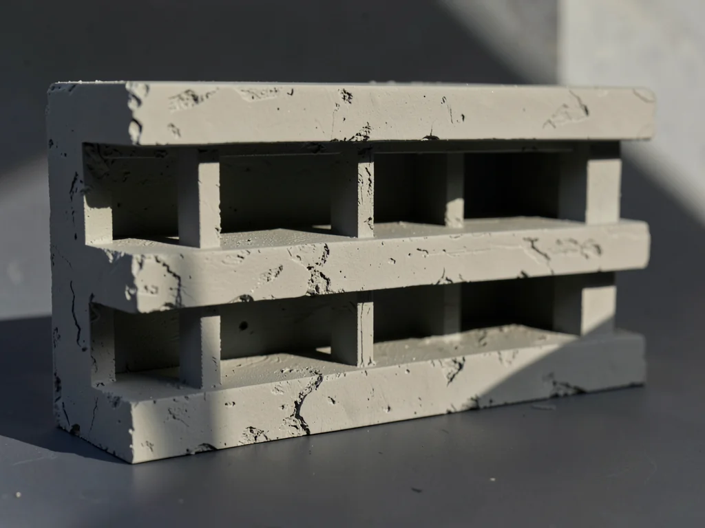Stark parking garage with five horizontal slabs and exposed structural ribs runn