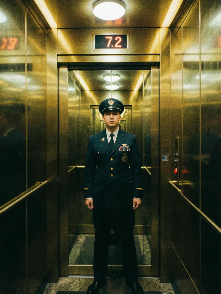 An elevator interior in brass and mirror, a uniformed operator, the floor indica