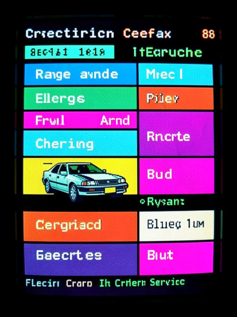 Electric car teletext infographic, range and charging displayed in cyan and mage