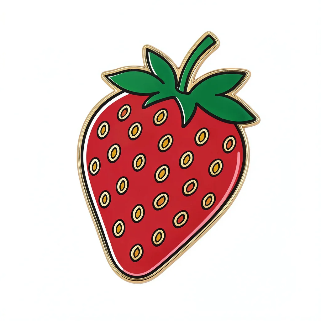 Enamel pin illustration, Strawberry with seeds and leaf , bold simple design, li