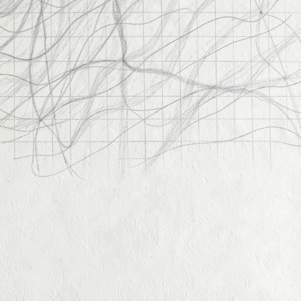 A soft grid of pale pencil lines fades across the upper-third in graphite agains