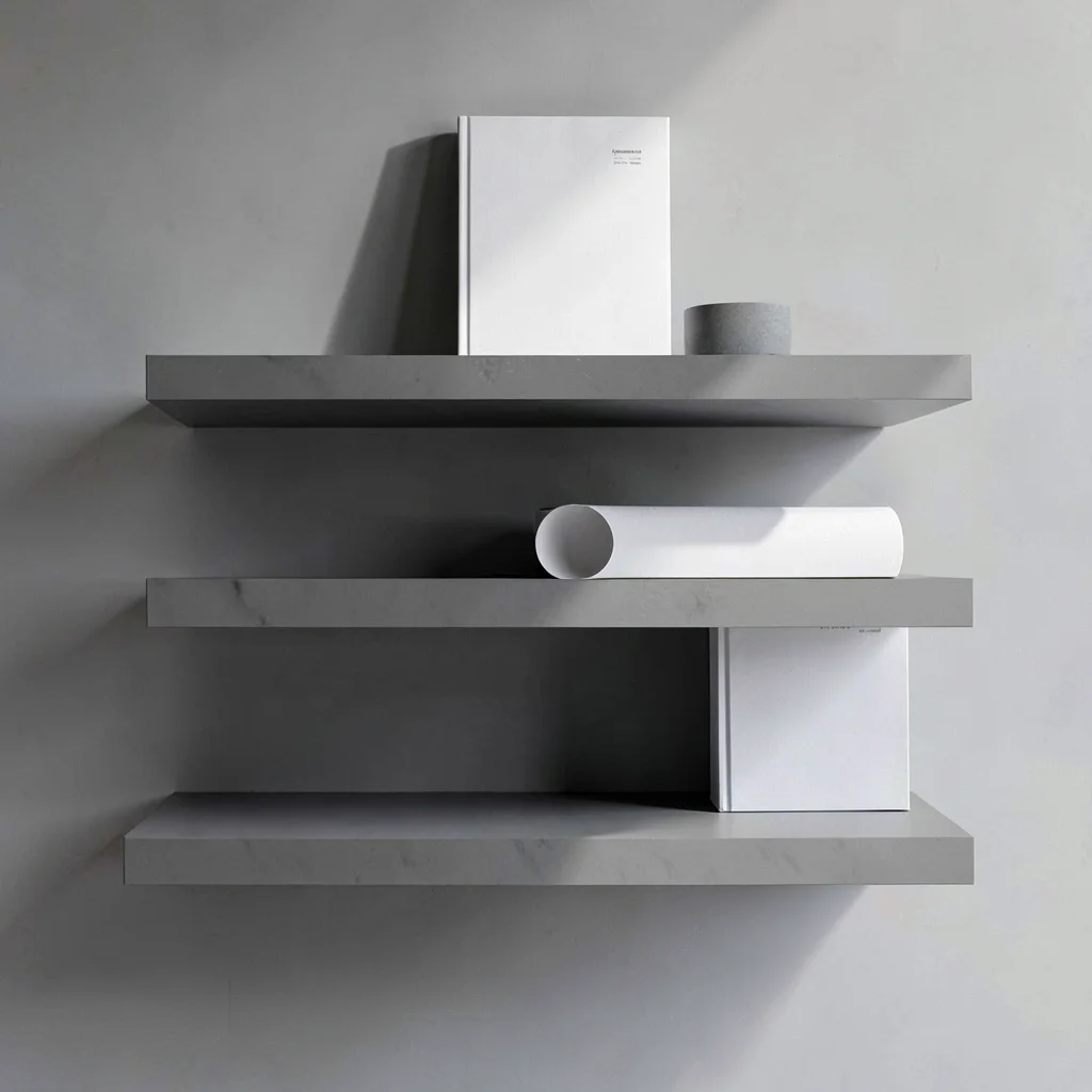 Tiered shelf display of three abstract conference notebooks stepping back into d