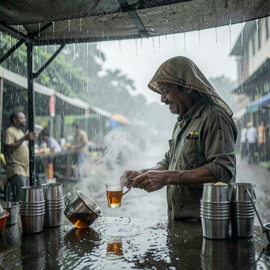 Monsoon season photograph, heavy rain atmosphere, A chai wallah pouring tea betw