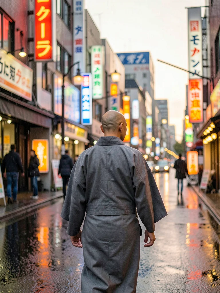 Back of a shaved-head monk in grey robes walking through a commercial street, pa