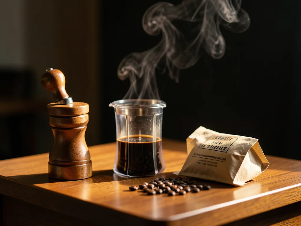 A travel coffee setup: a hand grinder, Aeropress, a small scale, and a bag of be