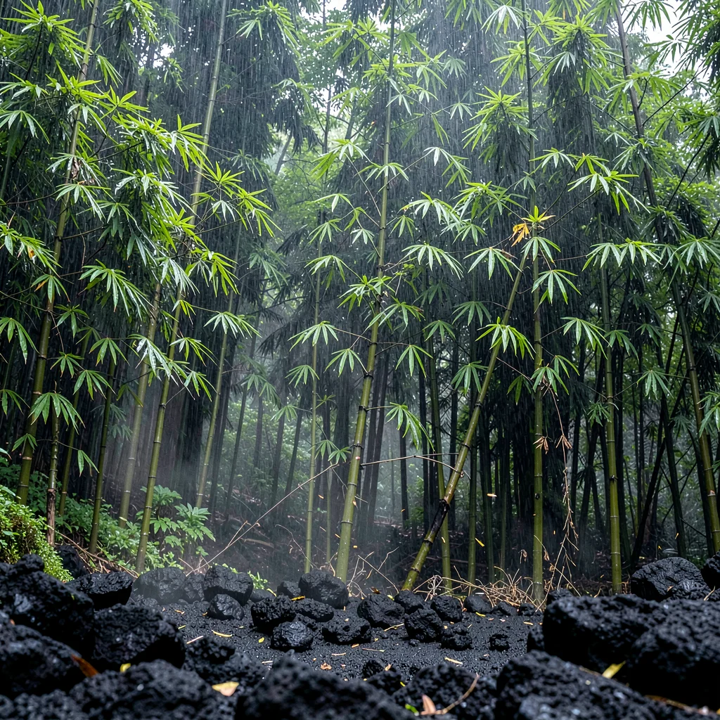 Stark black volcanic surfaces against verdant green, A bamboo grove, the green s