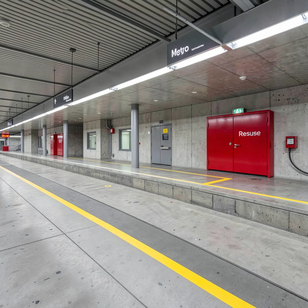 Danish design infrastructure, hygge mechanics, Metro station platform with clean