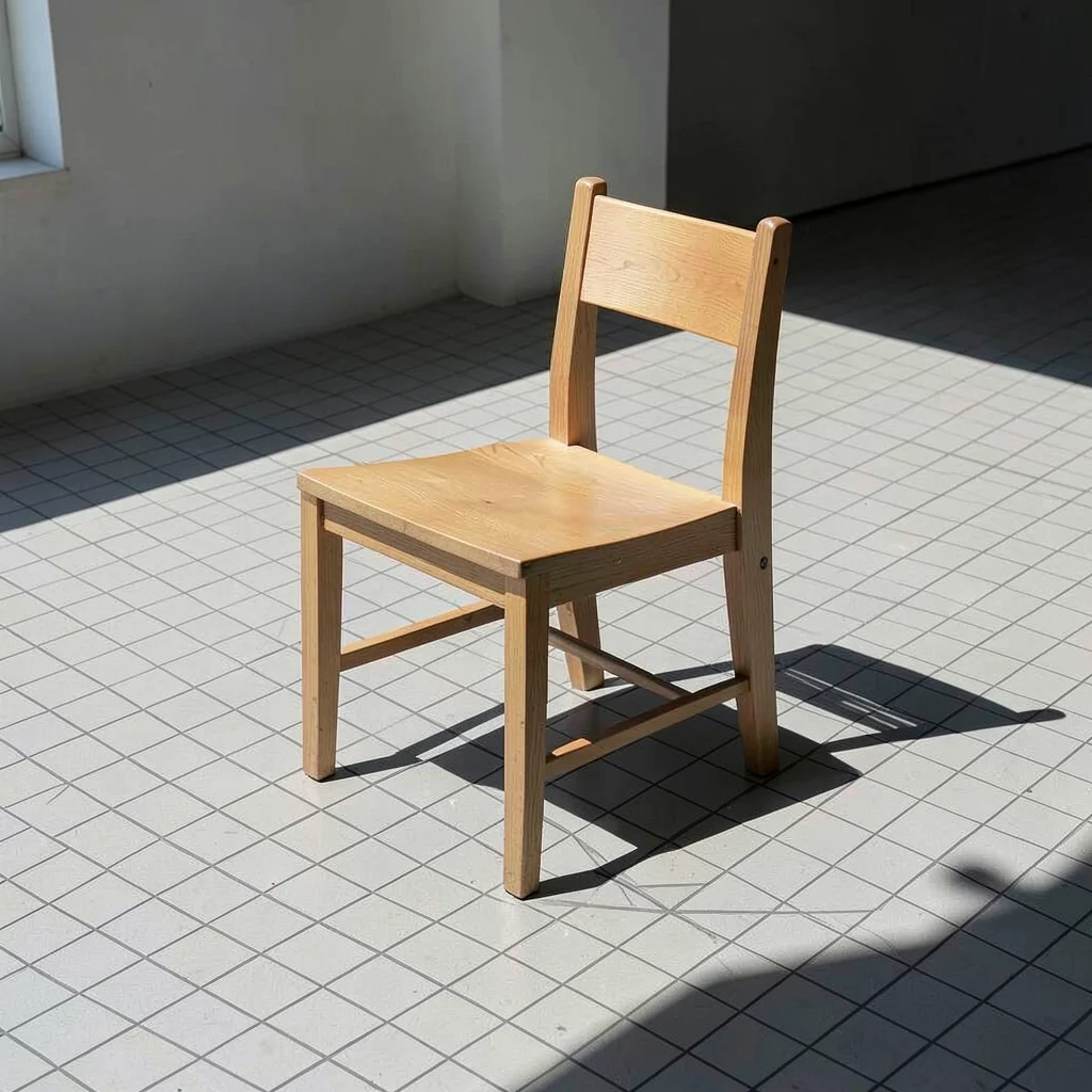 Single wooden chair casting geometric shadow on grid-tiled floor, midday light