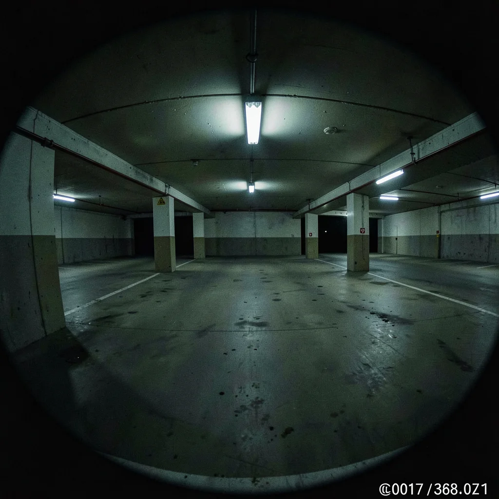 Security camera view of a parking garage at 3am