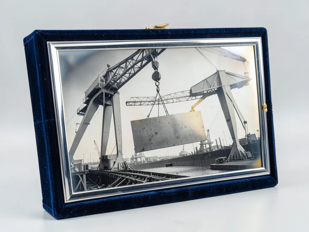 The gantry of a bridge crane in a shipyard with a steel plate suspended from ele