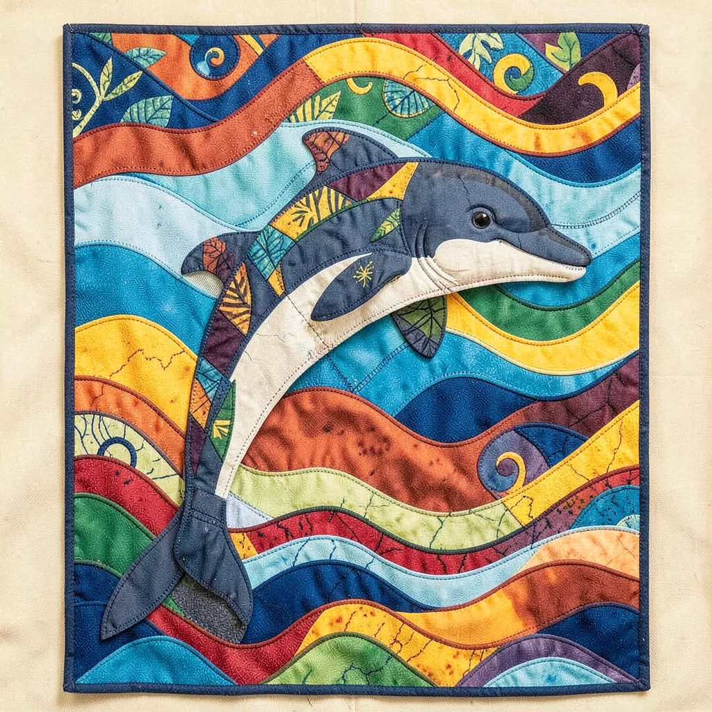 Panamanian mola textile illustration, a dolphin jumping through wave layers , re