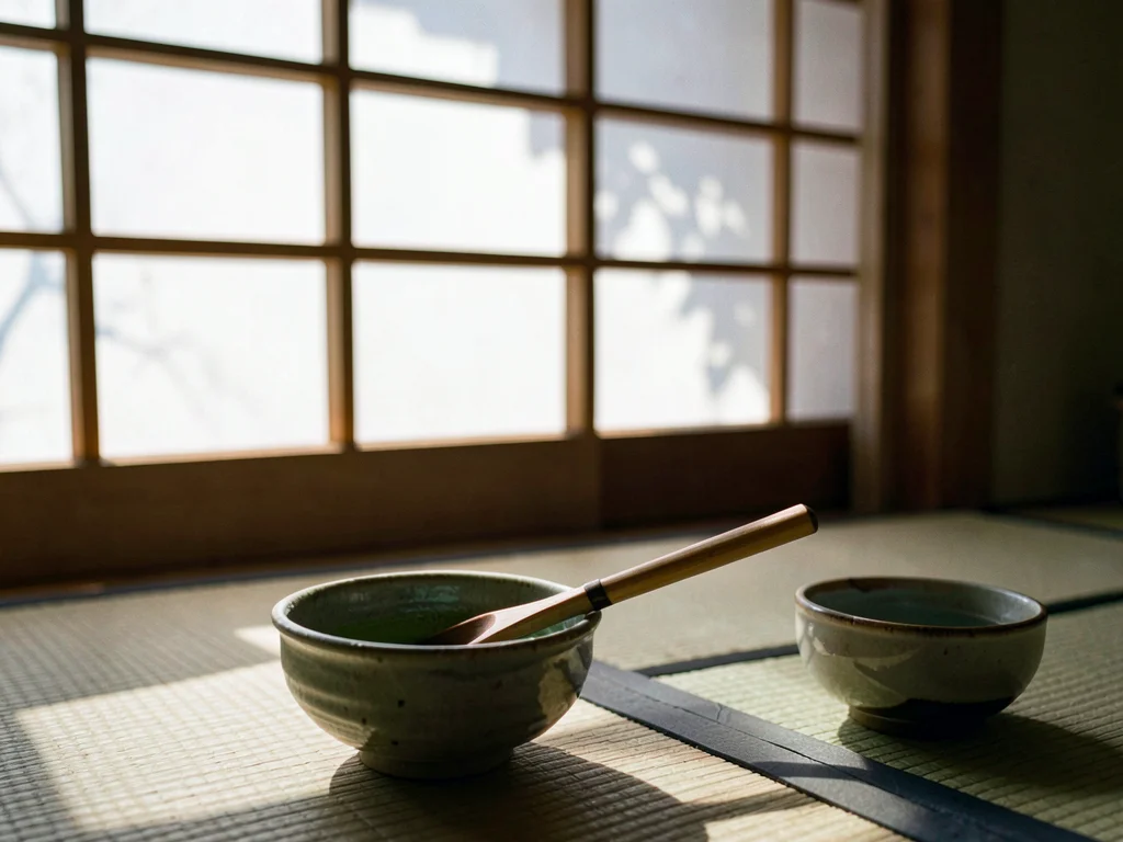 Shoji screen filtering warm light into tea room