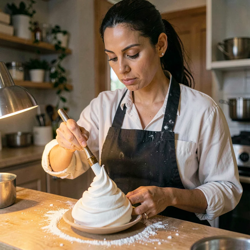 A focused Latina pastry chef in her thirties piping a meringue spiral, lamp glow
