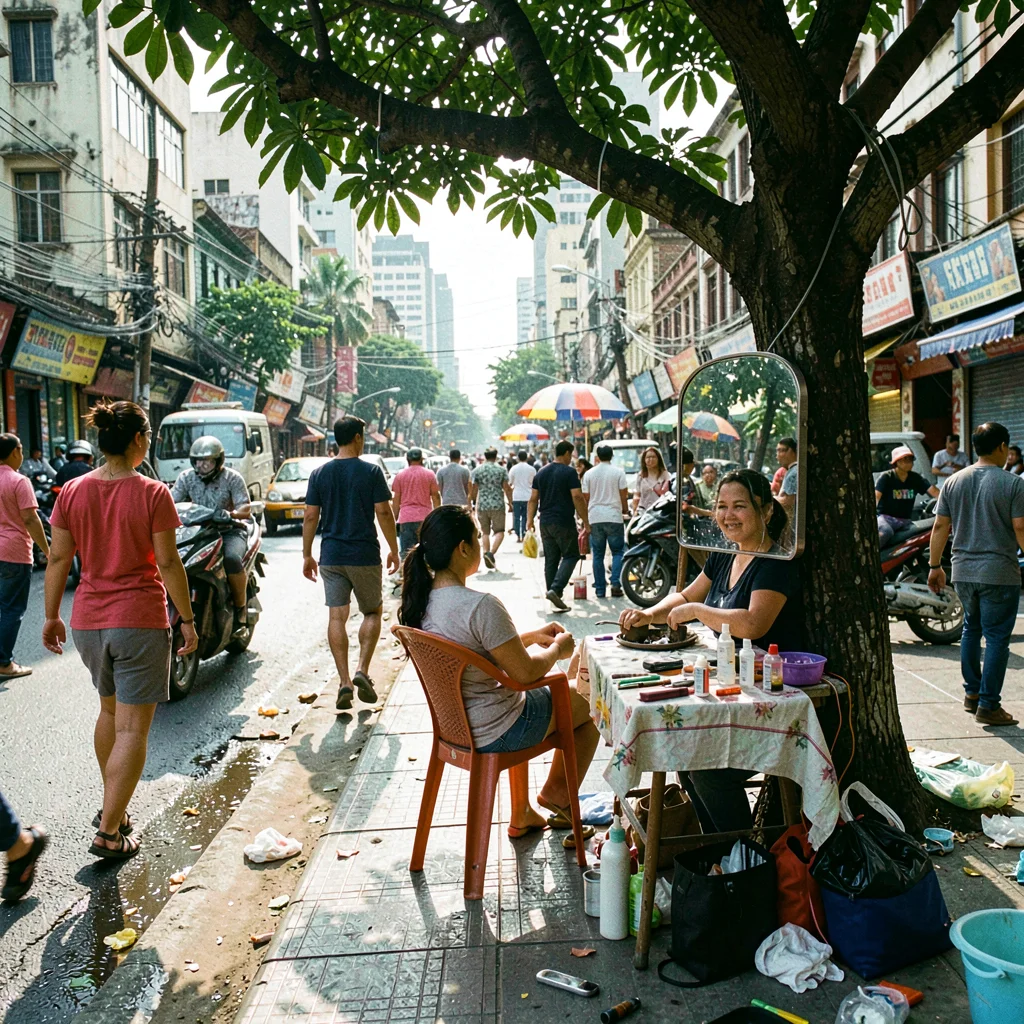 Documentary photograph of megacity life, dense urban scene, A hairdresser workin