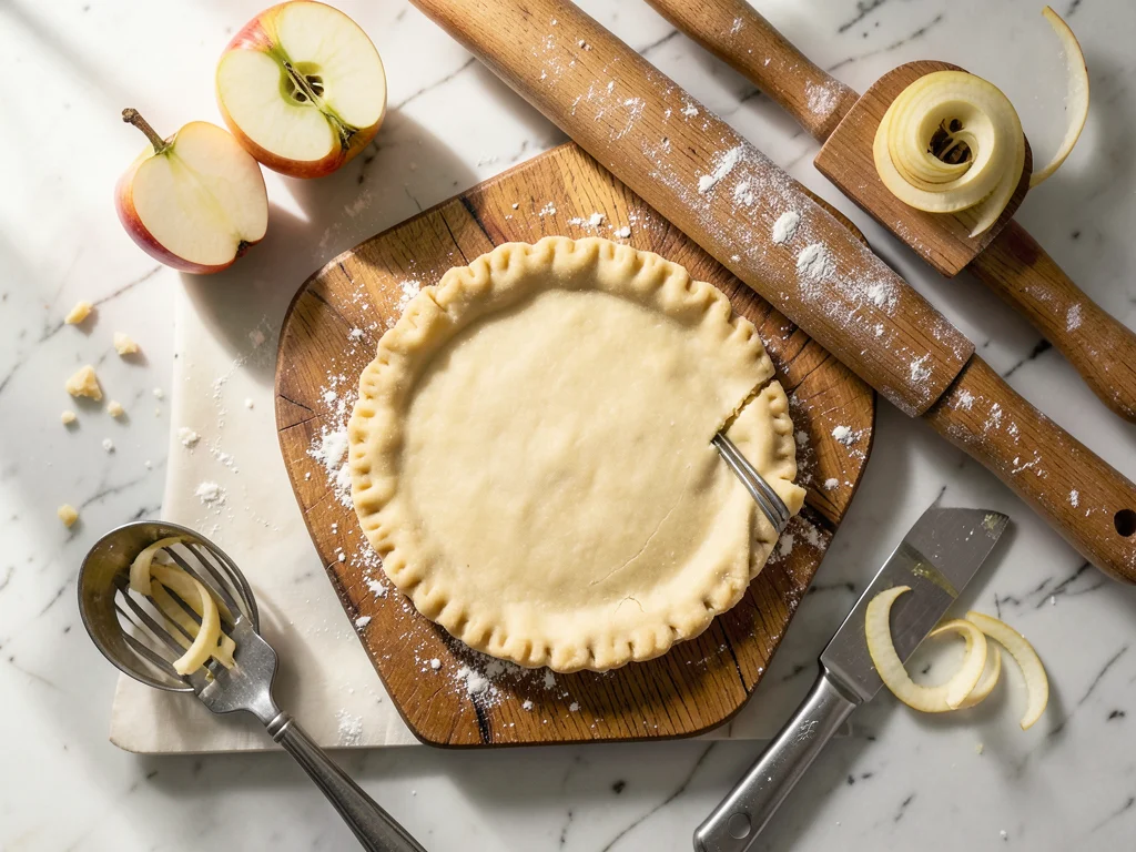 Pie crust being crimped: a fork pressing the edge, a rolling pin flour-dusted, a