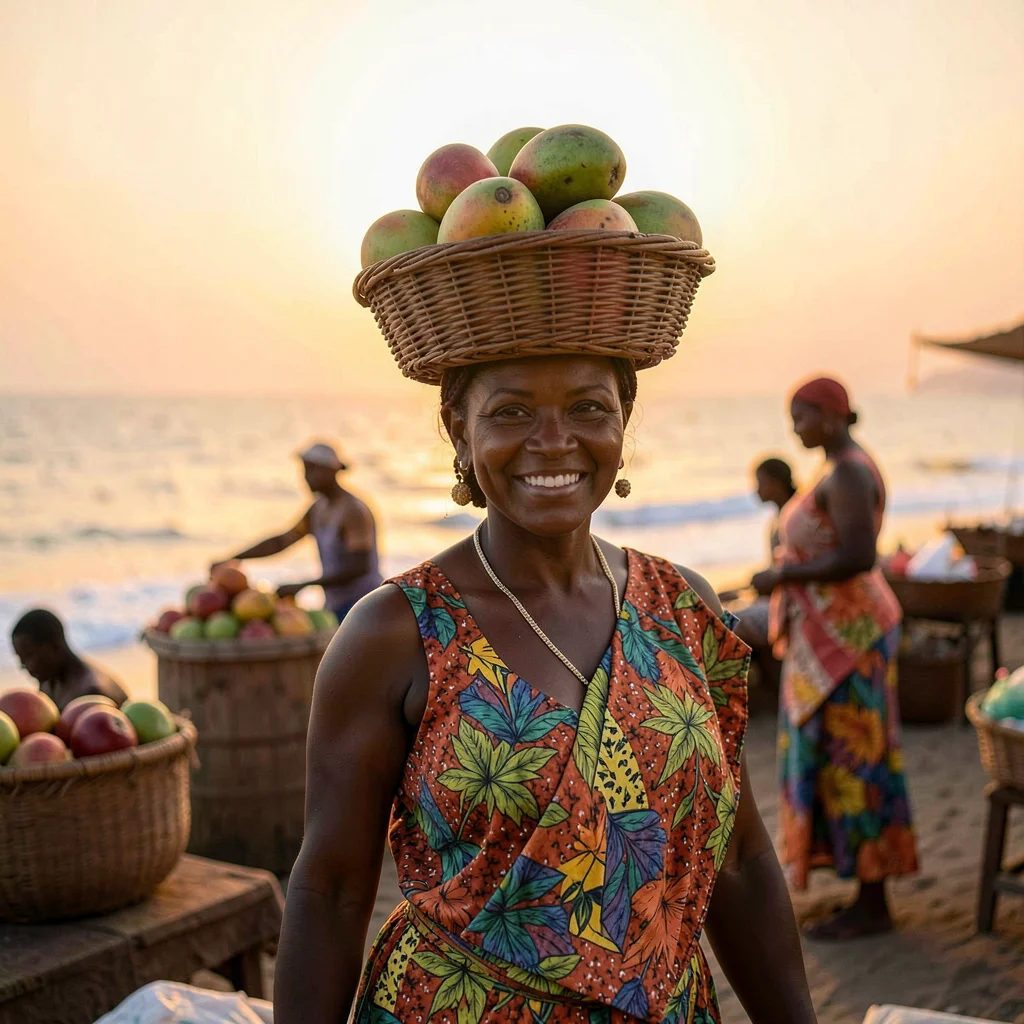 Peachy golden Dakar sunset light through sea haze, Market vendor woman with bask