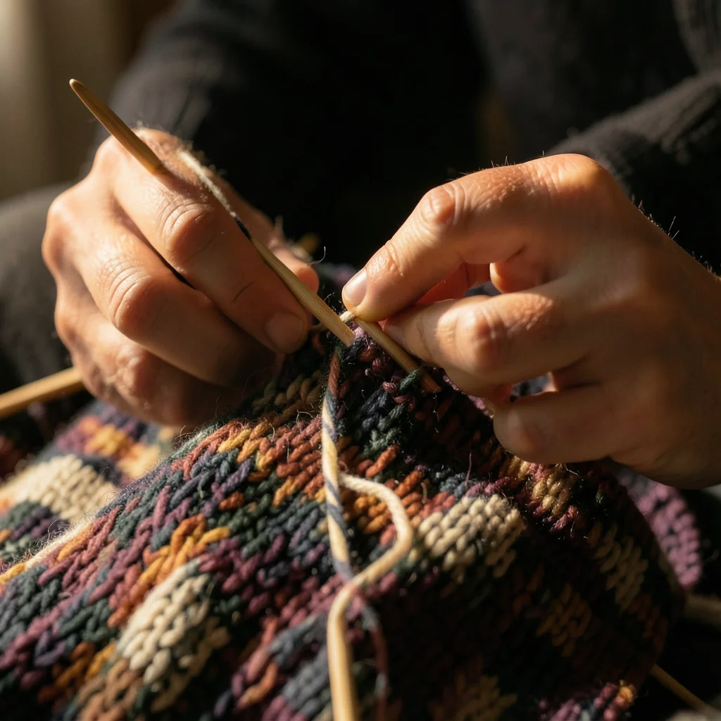 Hands knitting with wooden needles, yarn looping between practiced fingers