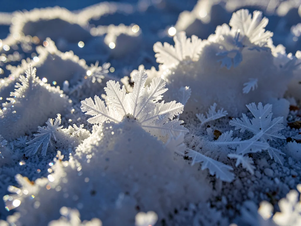 Surface hoar crystals catching low sun on snow surface