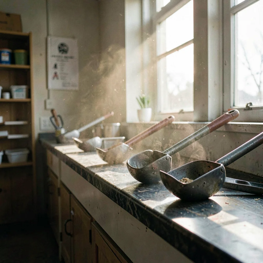 A sorting room with a long counter and steel scoops, low-angle window light raki
