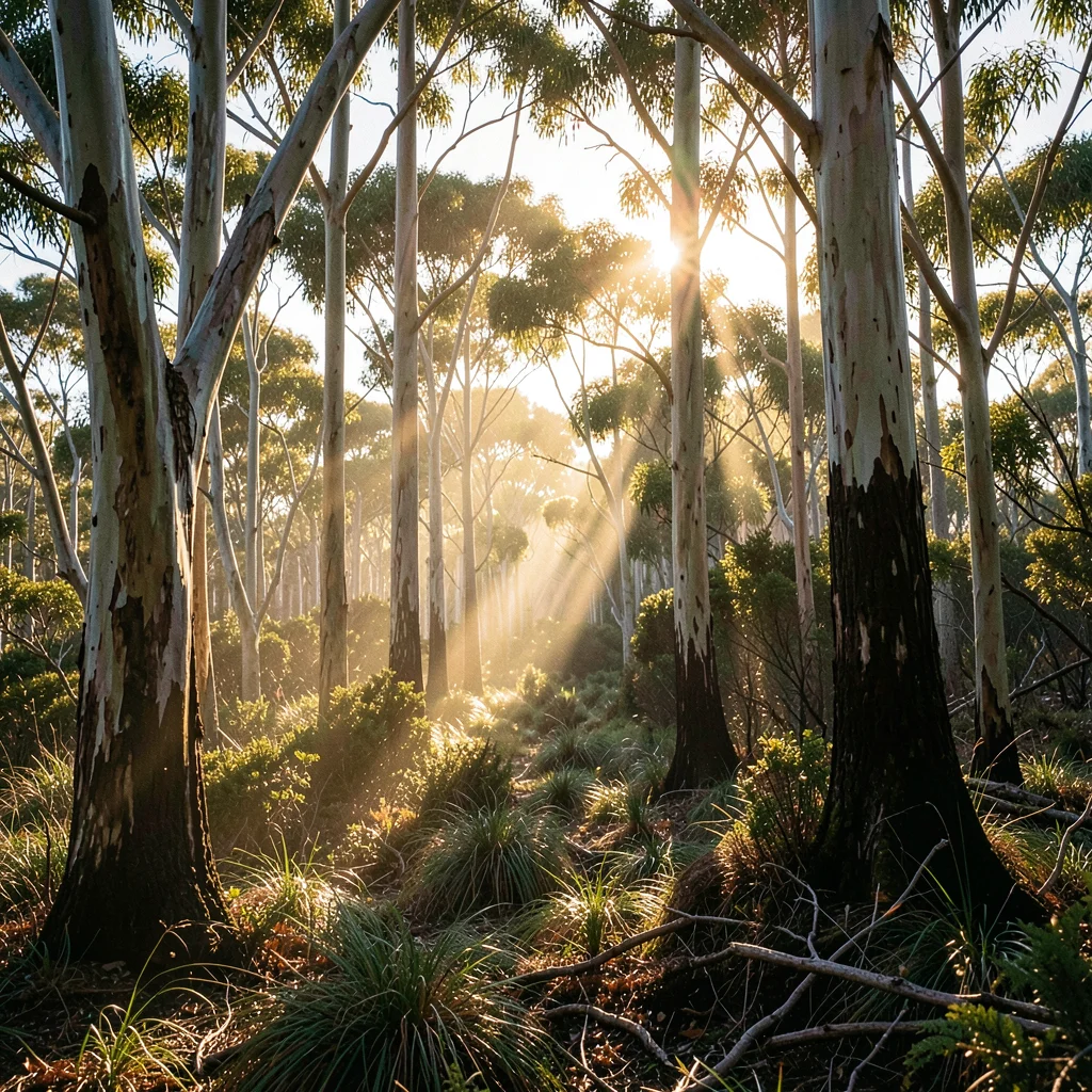 Tasmanian angular sub-Antarctic light, extreme raking shadows, Eucalyptus forest