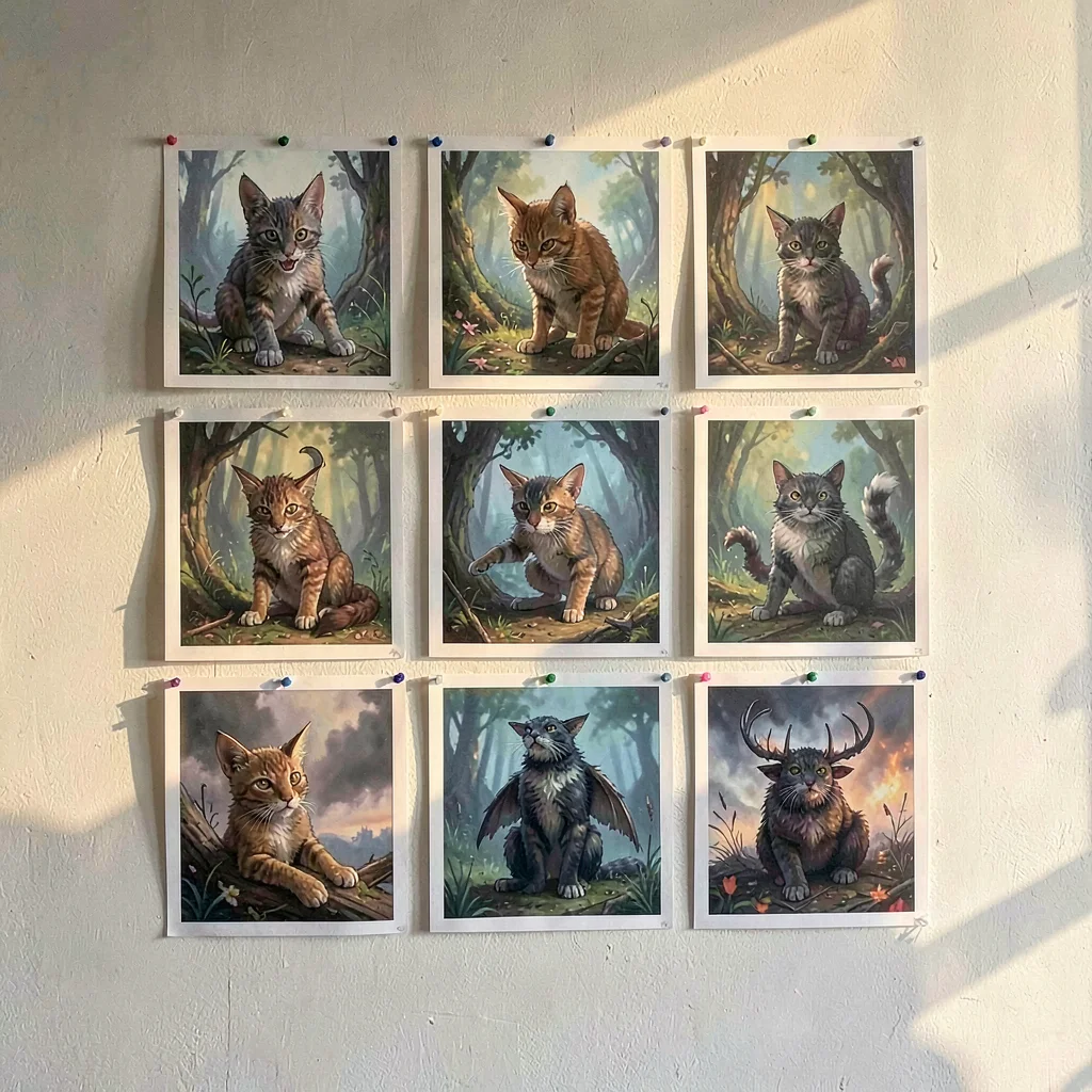 Design-board grid of nine creature thumbnails pinned to a wall, painterly aftern