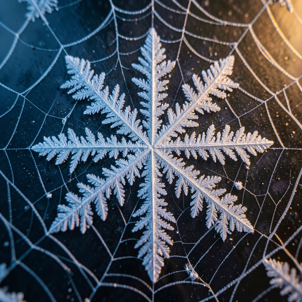 Ice forming on spider web, crystalline structure, early halloween morning