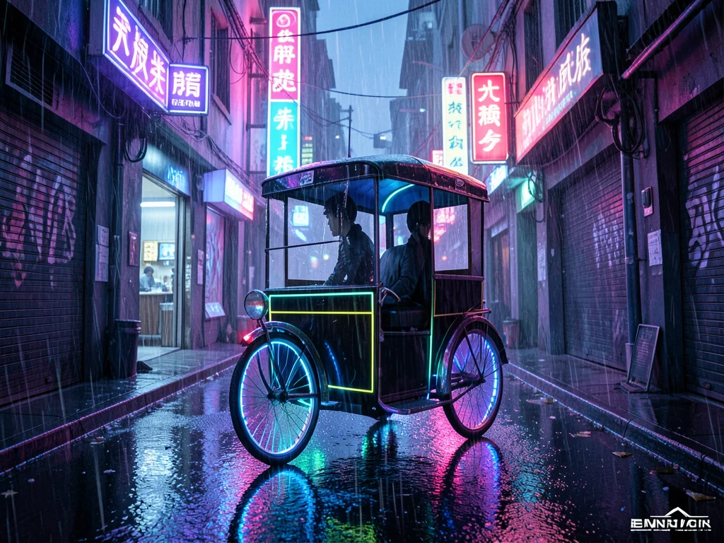 Cyberpunk rickshaw with LED underglow navigating neon-lit narrow street, rain
