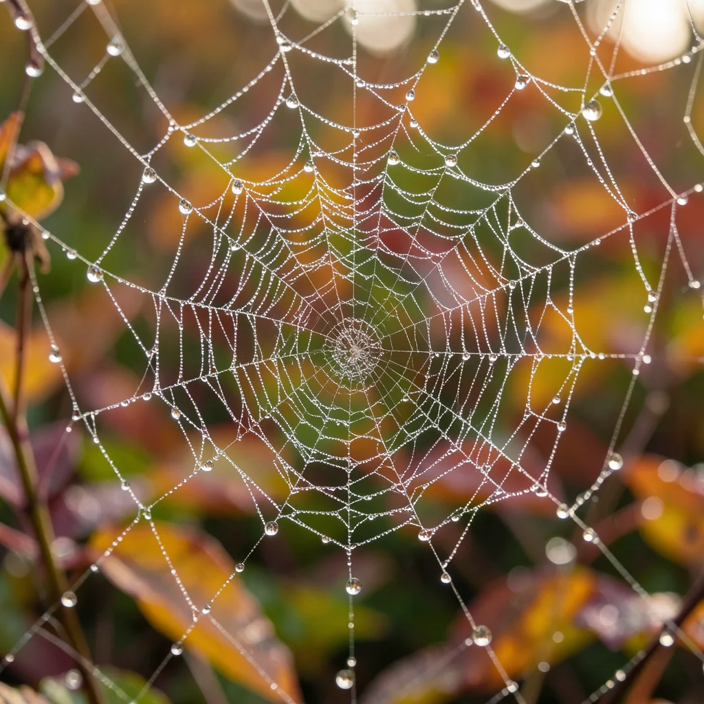 Spider web with morning dew drops, autumn garden, macro detail