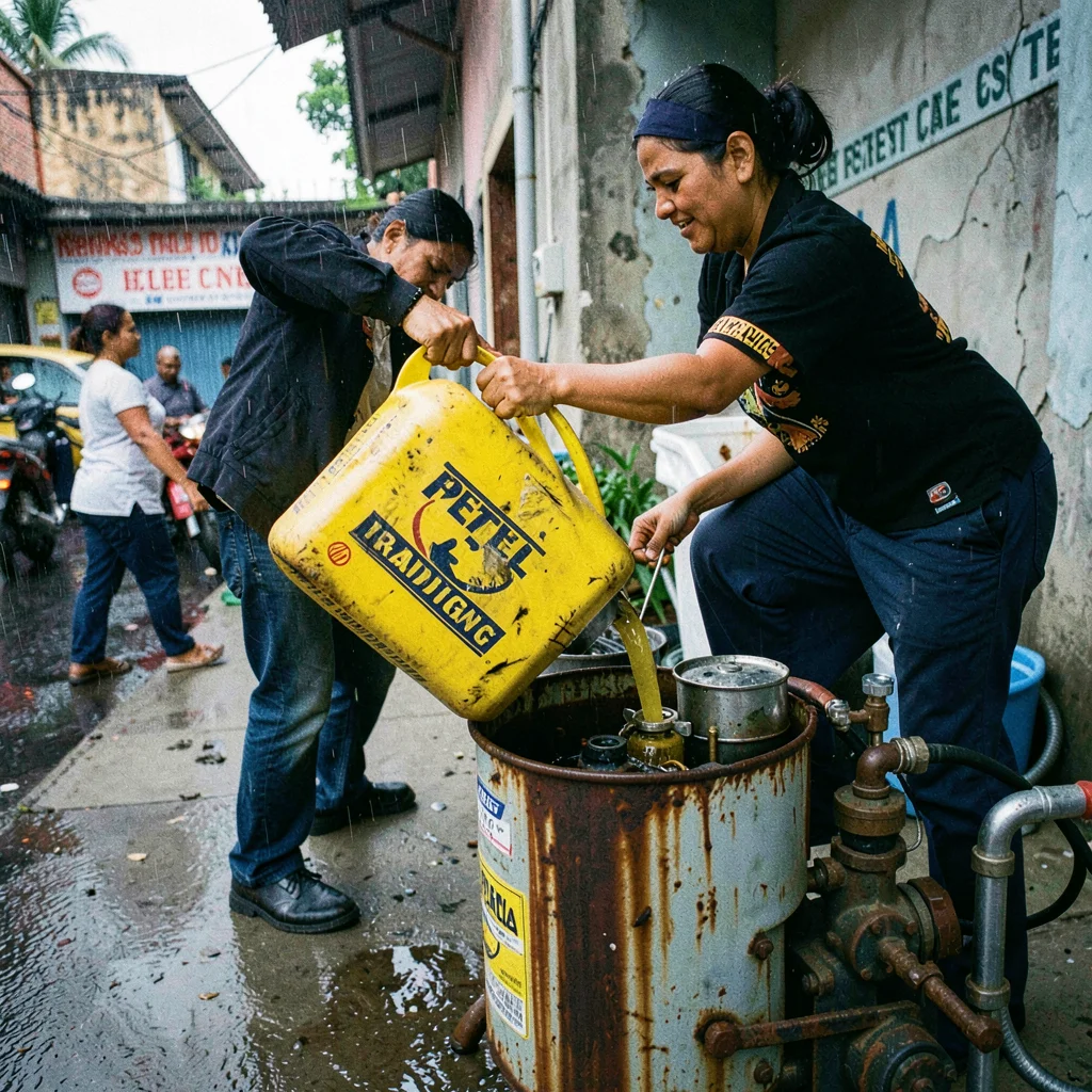 High-energy street photograph, Diesel fuel being decanted from yellow jerrycan i