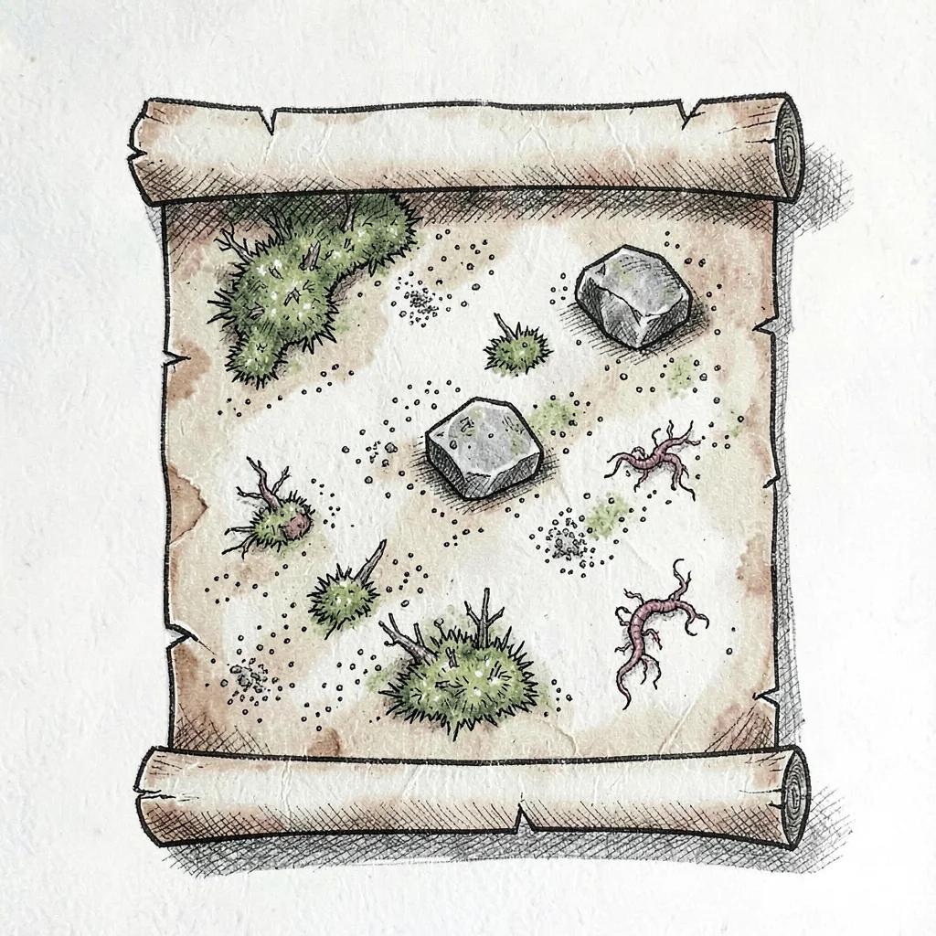 Player aid card drawn as a parchment scroll showing a small map legend with stip