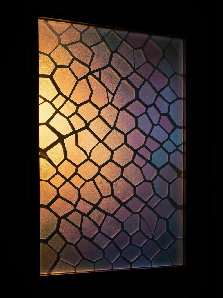 Voronoi pattern in frosted glass with warm backlight, architectural detail
